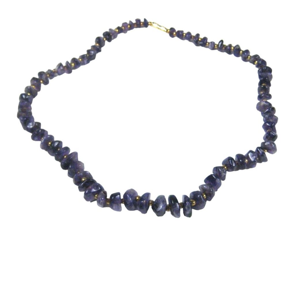 Amethyst Stone Chip Gold Beaded Necklace Purple Jewelry 21 Inch Boho Chic Style